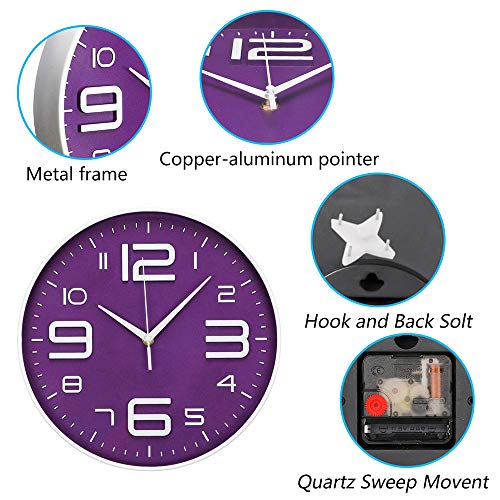 LONBUYS Purple 12 Inch Wall Clock Silent No Ticking Quartz Clock