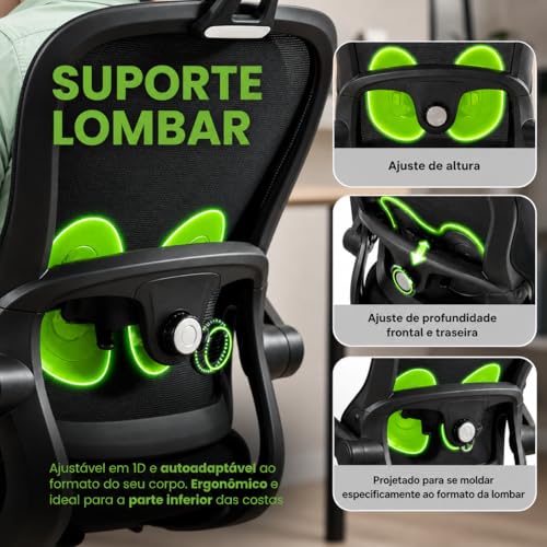 Cadeira de Escritório Ergonômica Preta com Suporte Lombar Independente, Encosto em Malha Respirável, Apoio de Cabeça Ajustável, Altura Regulável, Giratória 360°, Conforto para Home Office e Trabalho