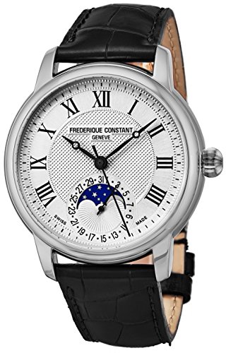 Frederique Constant Moonphase Automatic Classics Stainless Steel Mens Watch - Silver Face Black Leather Band Swiss Automatic Moon Phase Watch For Men FC-715MC4H6