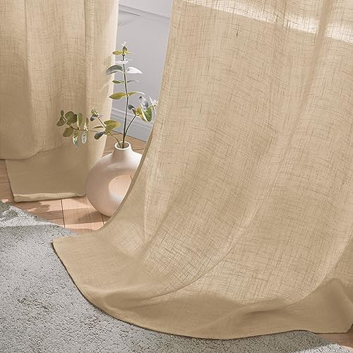 Woaboy Linen Curtains Translucent Net Curtains with Eyelets Modern Decorative for Living Room, Window, Bedroom, 2 Pieces, 140 x 260 cm, Beige
