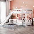 Bellemave Twin Over Twin Floor Bunk Bed with Slide and Ladder, Low Bunk Bed for Kids, Girls, Boys, Removable Fence, White with Fence