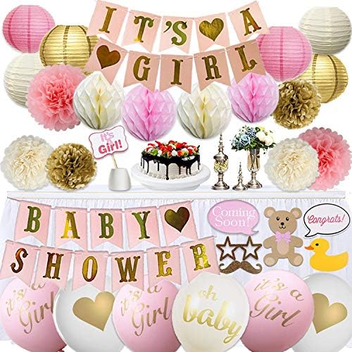 Golden Baby Shower Decorations for Girl Favors - Photo Booth Props, Garland Bunting Banners, Balloons, Ebook Baby Shower Games and Decoration Set 61PCS