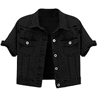 Locachy Womens 3/4 Sleeve Short Denim Jacket Lapel Button Down