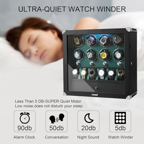 DUKWIN Watch Winder for 2/4/6/8 Automatic Watches with Key Lock, 3/6 Extra Watch Storages,4 Rotation Modes, LED Light, Super Quiet Motor, Spring Watch Pillows for Men＆Women