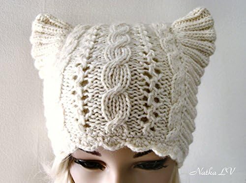 Knit cat hat, natural white cat hat, off white knitted hat, adult cat ear hat, knit wool beanie, teens animal hat, hat with small horns, winter women's knitted hat, white pussy hat, handmade