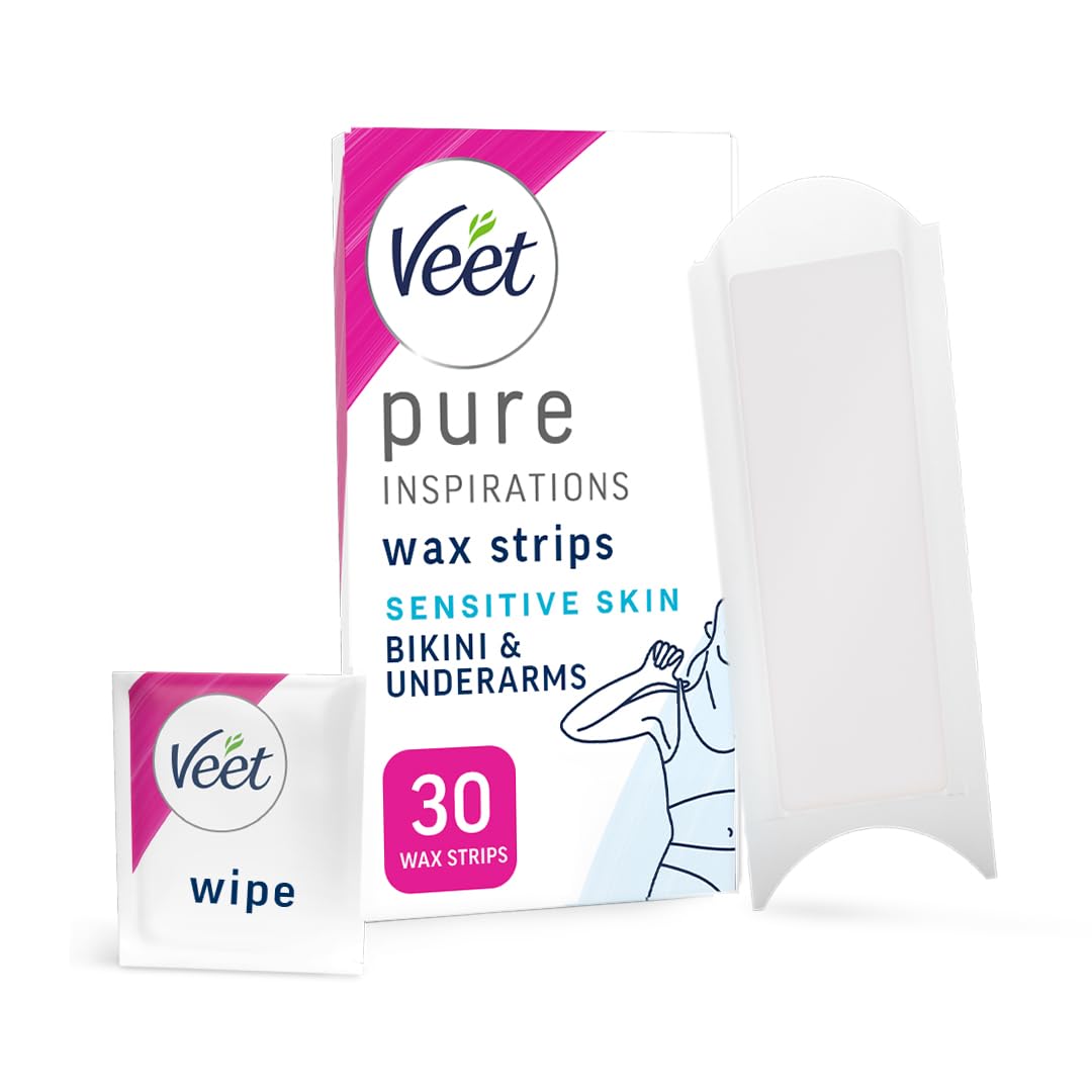 Veet Pure Cold Wax Strips for Bikini & Underarm, Sensitive Skin, 30 Count + 3 Wipes, Root Hair Removal, 28 Days Smoothness, Hypoallergenic Formula, Packaging Varies