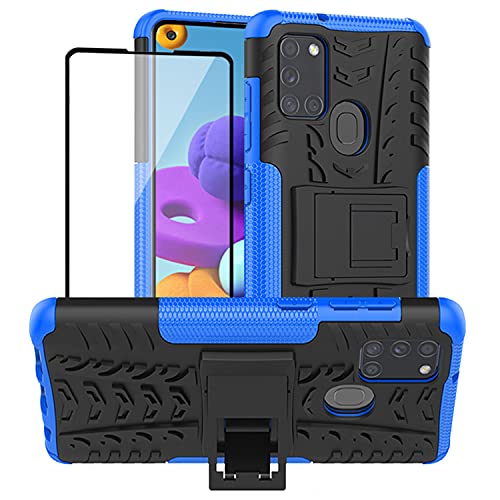 Yiakeng Samsung A21s Case, Samsung Galaxy A21s Case, and Screen Protector, Shockproof Silicone Protective with Kickstand for A21s Phone Case (Blue)