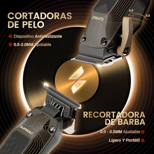 SUPRENT Cordless Man Hair Clipper, Barber Kit With High Speed Motor 7500 RPM, Adjustable Blades, Black Guide Combs And Bag, Black And Gold