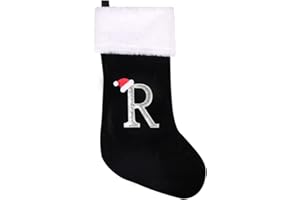 jargebur 20 Inches Initial Monogram Christmas Stocking Personalized,Deluxe Black Velvet Body with Super Soft Plush Cuff Embroidered Letter,Holiday Season Decor (Black, Letter R)