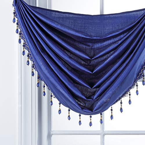 Stylemaster Tribeca Faux Silk Grommet Waterfall Valance with Beaded Trim, Cobalt, 36 by 37-Inch