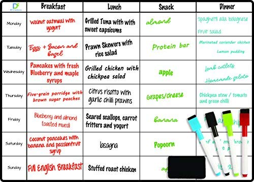 Meal Planner Whiteboard by DF Creations - Magnetic Weekly White Board for Fridge - Calendar for Menu Plan - Board Task - Activities - Study - Family Schedules 4 Dry Erase Markers and Large Eraser