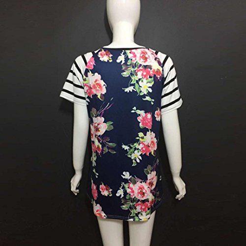 Pengy Clearance Women Short Sleeve Striped Floral Printed Blouse Shirt Tops (S, Blue)