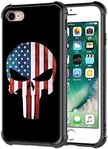 iPhone 6S Case,iPhone 6 Phone Cover, Punisher American Skull Flag Pattern Tempered Glass Back Cover Soft TPU Bumper Frame Shock Absorption Case for Apple iPhone 6S and iPhone 6