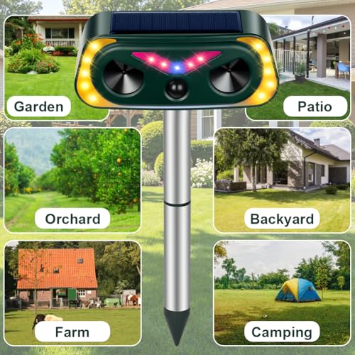 AYESY Ultrasónico Repelene de Animales, Repelente Gatos Solar con Luz LED Ahuyentador Gatos Perros Roedores, Resistente al Agua para Jardín Patio Granja Recargable Sensor Infrarrojo sin Dañar Animales