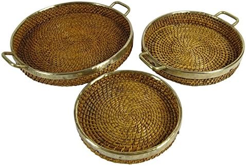 Round Handcrafted Serving Decorative Wooden Wicker Trays With Side Handles Set Of 3 Pieces