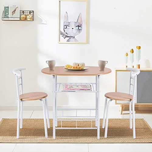 Compact dining set including a table and two chairs.