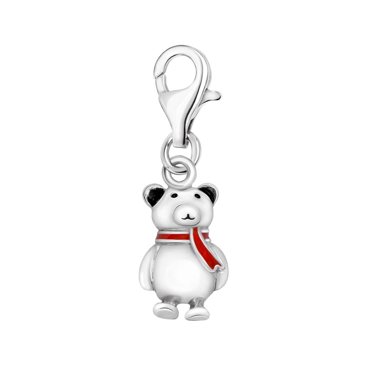 Quiges 925 Sterling Silver 3D Cute Teddy Bear with Red Enamel Scarf Clip On Lobster Clasp Charm Pendant