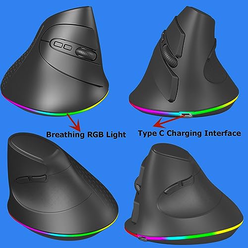 Wireless Mouse Bluetooth Rechargeable Dual Mode Ergonomic Vertical Large Carpal Tunnel Ergo Optical Travel Cordless Mice for PC Laptop Computer Mac iPad Pro MacBook Pro/Air,RGB Light,Side Buttons