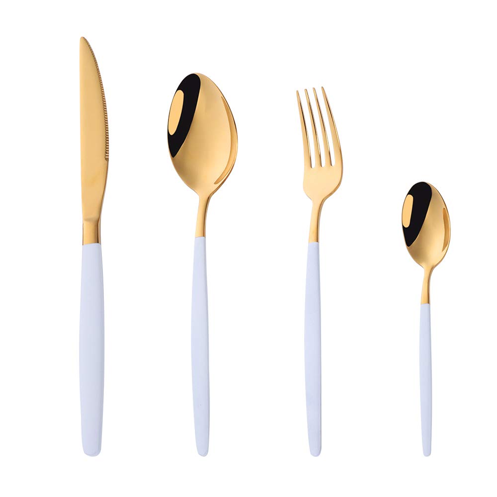 Buyer Star White and Gold Cutlery Sets, 4 Piece Stainless Steel Cutlery Flatware Set Tableware for Daily Life Service for 1, 1 x Dinner Fork, 1 x Dinner Knife, 1 x Soup Spoon, 1 x Teaspoon