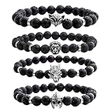 JOVIVI Jewelry 4pc Men Women 8mm Mix Style Silver Plated Lion/Wolf/Fox/Sparta Helmet Black Lava Energy Stone Beads Stretch Bracelet