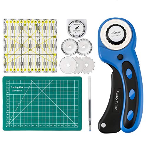 45mm Rotary Cutter with Rotary Cutter Blades 45mm(5pcs Replacements), Self-Healing Cutting Mat 22cm x 15cm, Acrylic Quilting Ruler 15cm x 15cm, ARTISTORE Perfect Set for Cutting Fabric, Paper, Leather