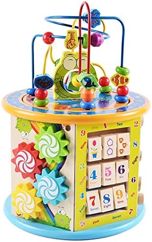 elecfan Wooden Children's Educational Toy, 8 in 1 Wooden Learning Bead Maze Cube Activity Center Shape & Color Sorter,Gear & Counting Kids Educational Toys Treasure Chest for Kids Children Toddlers