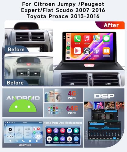 【4+64G】 Hodozzy Carplay Car Radio for Citroen Jumpy 2/Peugeot Expert/Fiat Scudo/Toyota Proace 2007-2016, 9 Inch In-Cell Screen Car Radio with BT/Android Auto/WiFi/GPS/RDS/FM/USB/DSP+Reversing Camera