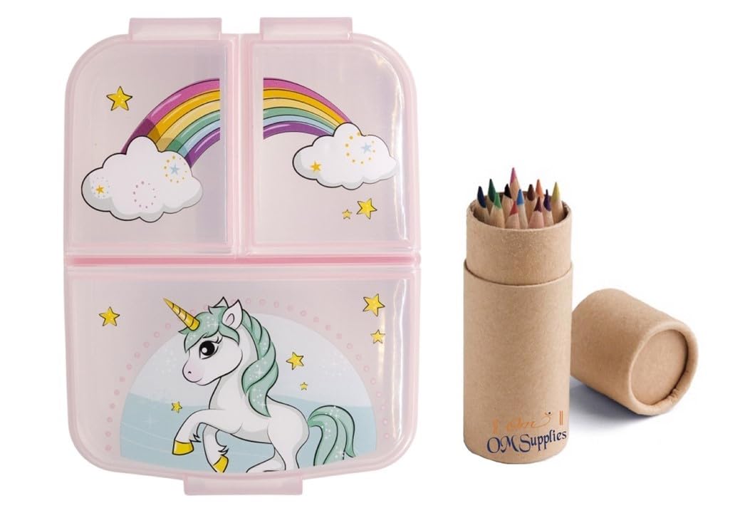OM SUPPLIES Unicorn Reusable Sandwich Lunch Box 3 Multi Compartment Kids Children School Includes Half Size 12pcs Pencil Set (Unicorn) — image 1
