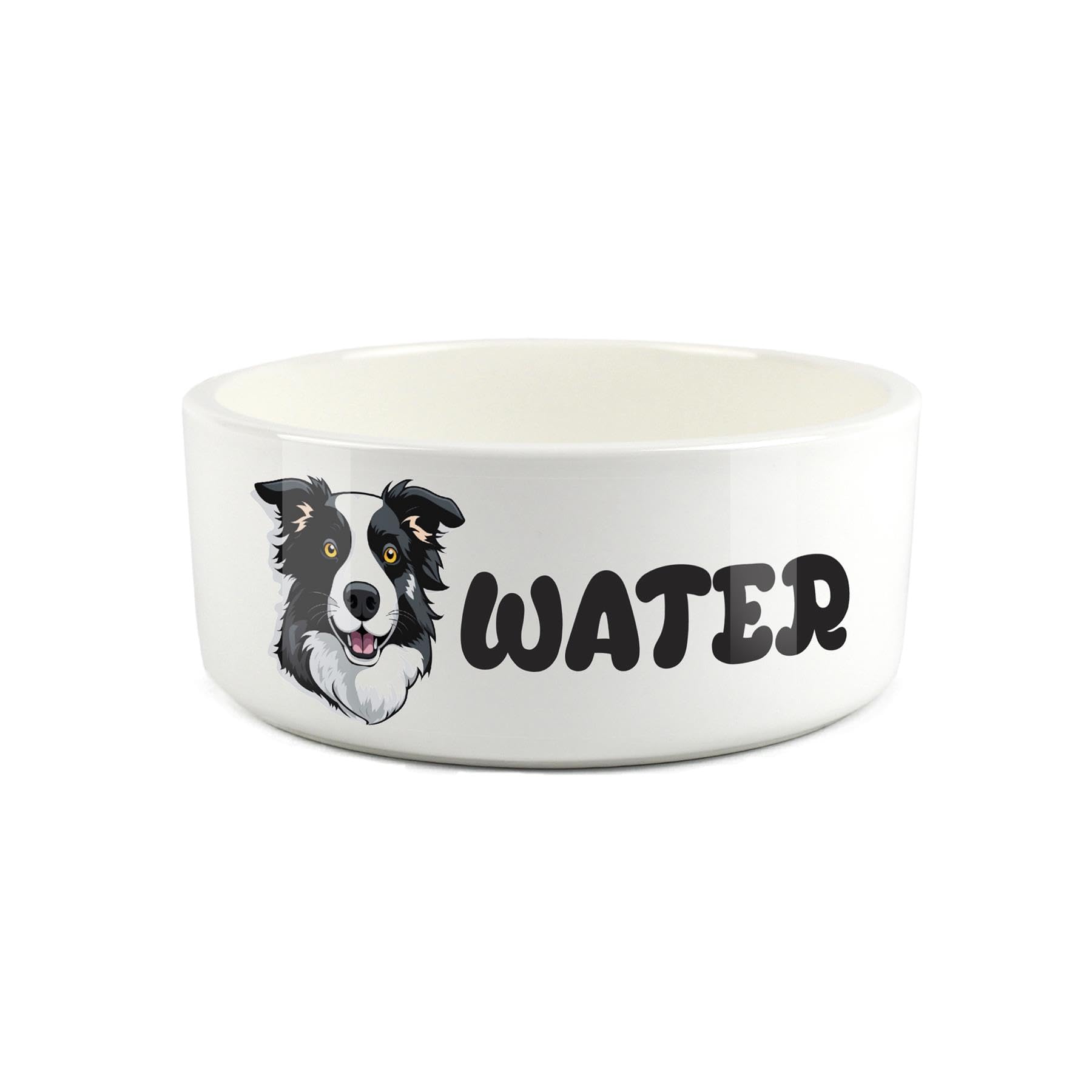 Border Collie Pet Bowl - Cartoon Dog Portrait Large Ceramic Water Bowl - Novelty White Water Dish For Dogs