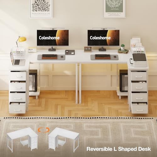Coleshome Computer Desk with Drawers, 100x70 cm Corner Desk for Home Office, Reversible L Shaped Office Desks White
