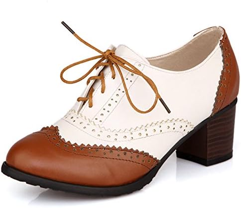 DoraTasia Women 's Comfortable Lace-up Chunky Block Heel Oxfords Cozy Ankle High Brogue Dress Shoes