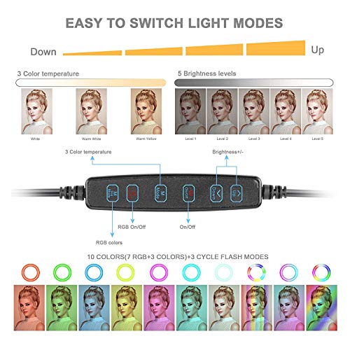 Lumière Anneau avec Trépied, BONFOTO 25,6cm Selfie Anneau Lumineux avec 10 réglable RGB couleurs Télécommande et support de téléphone, pour Maquillage/Live-Stream/Photographie/Youtube TikTok Vidéo