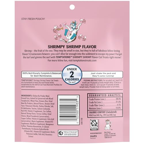 TEMPTATIONS CLASSIC CRUNCHY AND SOFT CAT TREATS, SHRIMPY SHRIMP FLAVOR, 6.3 OZ. POUCH