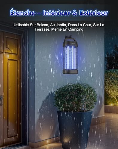 Lampe Anti Moustique 3000V, Tue Mouche Électrique UV 16W, Lampe Anti Mouche avec Crochet Portable, Sécurisé, Éco-Énergétique et Silencieuse, pour Intérieur et Extérieur (100m²)