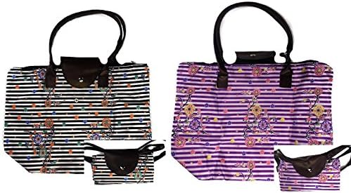 (Set of 2) Foldable Tote Bags (#10 multicolor) Reusable Folding Eco Grab Bags with Handles, for Shopping, Grocery, Travel, Beach, Overnight... Fold and Save Space (2 Piece Color Mixture)#10
