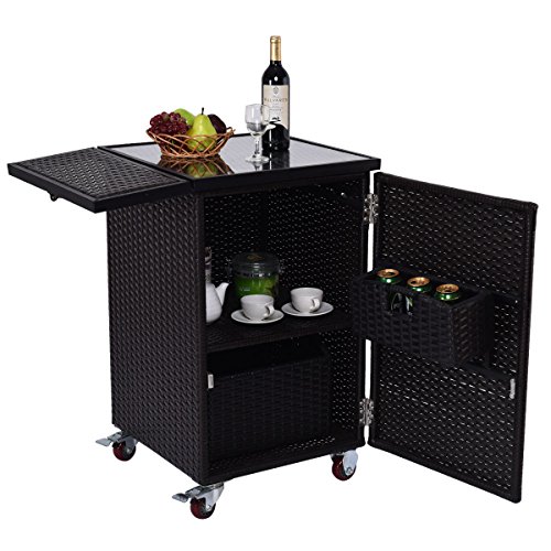 Rattan Wicker Kitchen Trolley Cart Patio Roller Dining Storage Glass Stand
