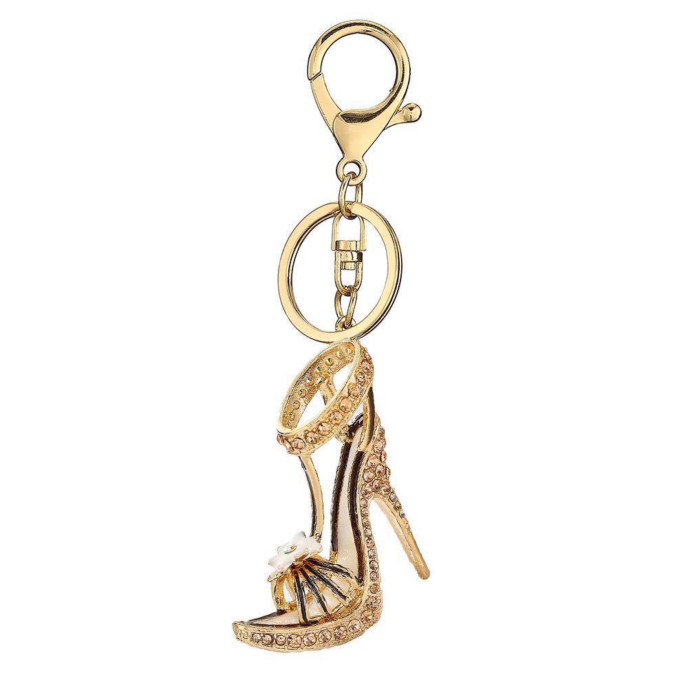 Flower High Heels Rhinestones Keychain,Sparkling Sandals Keyring (Champagne)