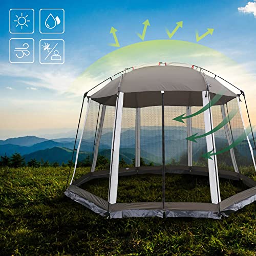 HYPER VENTURE Screen House 13x13 Feet Octagonal Mesh Canopy Camping Gazebo Shelter Tent for 8-10 People Outdoor Party Activities, Grey …