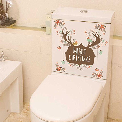 BIBITIME Merry Christmas Wall Quotes Elk Antler Branch Flower Birds Decals for Living Room Shop Glass Door Display Window Bathroom Toilet Lid Seat Cover Decor Sticker DIY - Thumbnail 5