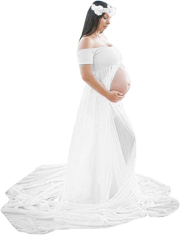 Rambling New Maternity Off Shoulder Dress Sheer Chiffon Maternity Gown Bridesmaid Pregnant Dress for Photos Shoot