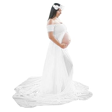 Frauen Schwangerschaftskleid, Damen Spitzenkleid Schulterfreies Kleid Fotografie Kleidung Maxikleid Off Schultern Mutterschaf