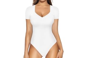 MANGOPOP Sweetheart V Neck Bodysuit for Women Short Sleeve Long Sleeve Body Suits Tops