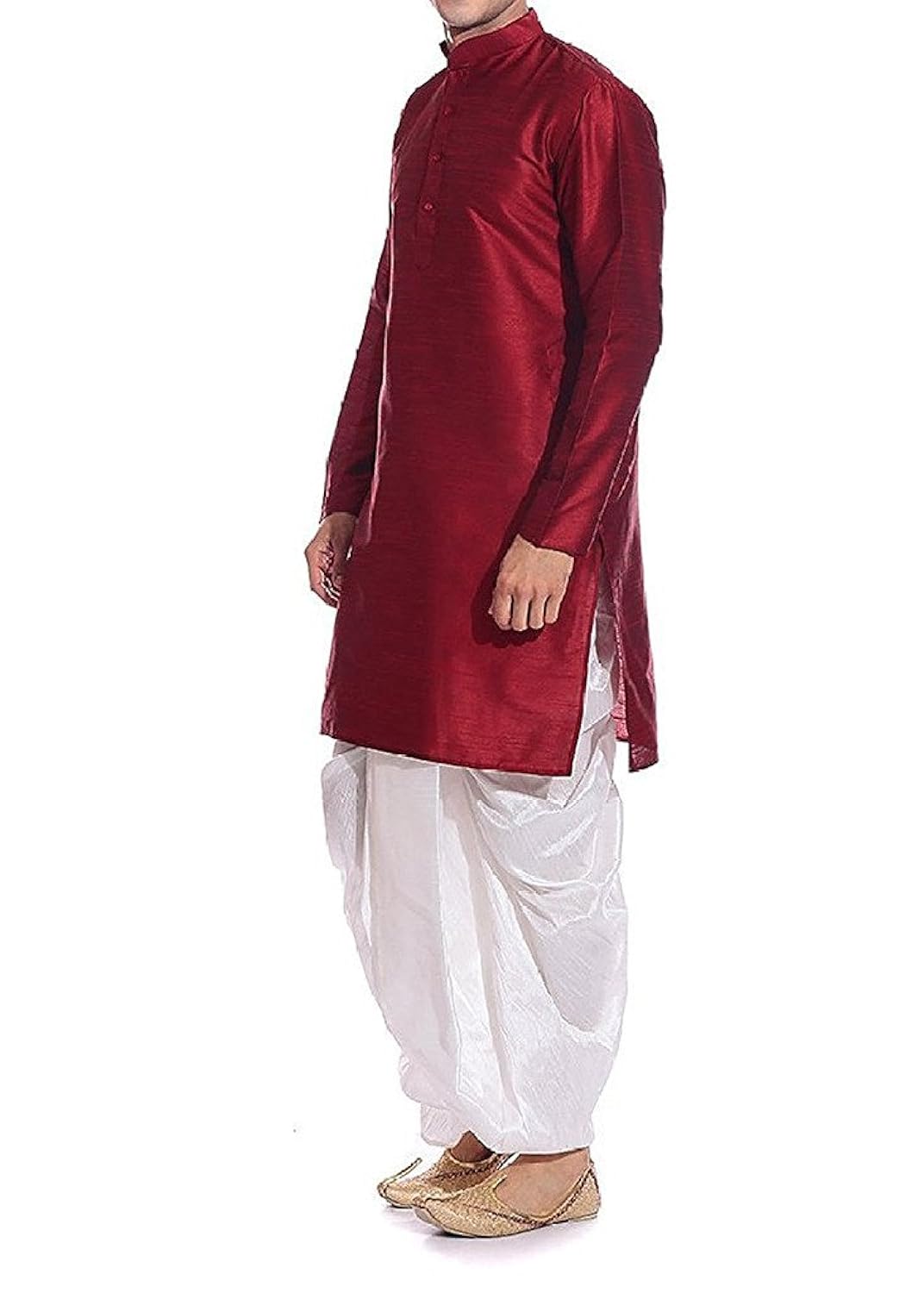 modern garments men's maroon & white dupioni silk dhoti kurta
