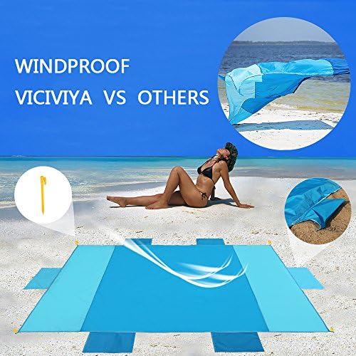 Viciviya Sand Free Compact Beach Blanket Mat Quick Drying Waterproof Windproof Picnic Blanket Mat Ripstop Nylon Camping Mat with Big Anchor Pockets &amp; Stakes/Pegs