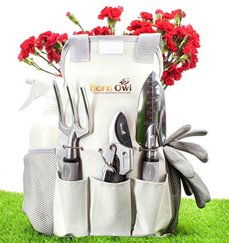 Barn Owl Stainless Steel Garden Tools 9 Piece Gardening Tools I Gardening Kit I Tool Sets with Heavy Duty Shear Non Slip Handle and Storage Tote Bag – Garden Gifts for Gardeners Men and Women