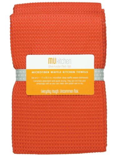 MUkitchen Microfiber Waffle Dishtowel, 17 by 25-1/2 Inches, Set of 2, Coral