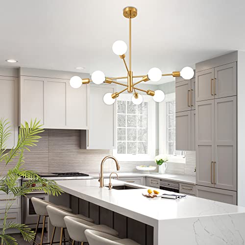 Deyidn Sputnik - Lámpara de araña moderna dorada de mediados de siglo, 8 luces E26 para sala de estar, isla de cocina, recámara, comedor y granja