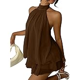 Narecte Womens Summer Dresses Halter Tie Mini Dress with Built-in Shorts, Chiffon Elegant Backless A-Line Sundress