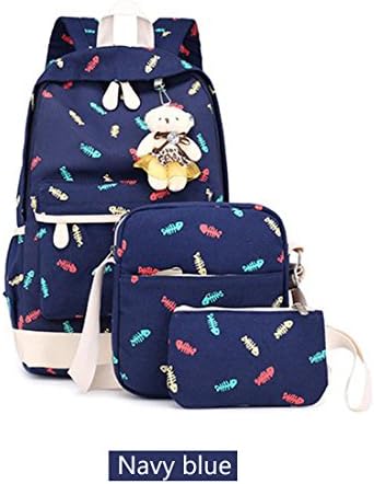 Leparvi School Backpack Set 3 Pcs Girls Bookbag Floral College Purse Women Daypack (Navy Blue)