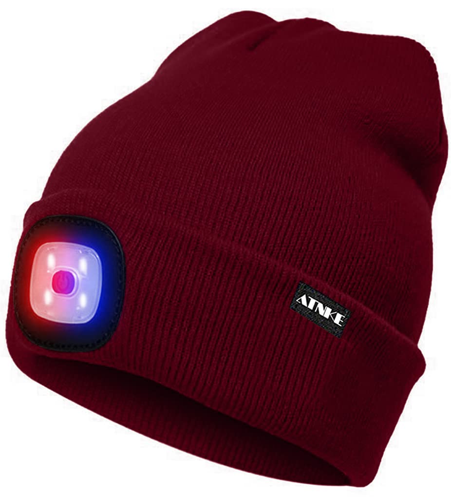 ATNKE LED Lighted Beanie Cap,USB Rechargeable 4 LED Red and Blue Glow Flashing Running Headlamp Hat Winter Warm Gifts for Men and Women/Wine Red